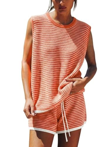 EXLURA Women's Sleeveless Sweater Set 2 Piece Outfits Striped Crewneck Knit Tank Tops and Shorts Summer Sporty Lounge Sets - Image 1