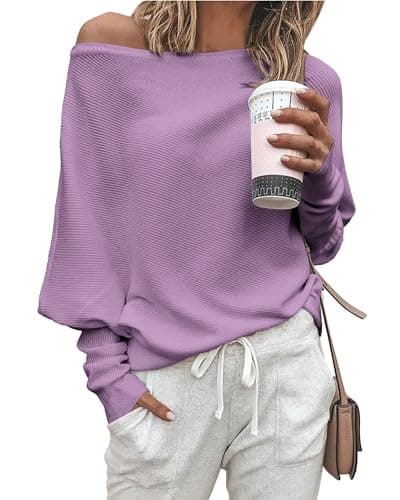 Zenlonr Women's Fall Sweaters 2026 Casual Long Batwing Sleeve Loose Off Shoulder Knit Pullovers Jumper Tops(Purple,Small) - Image 1