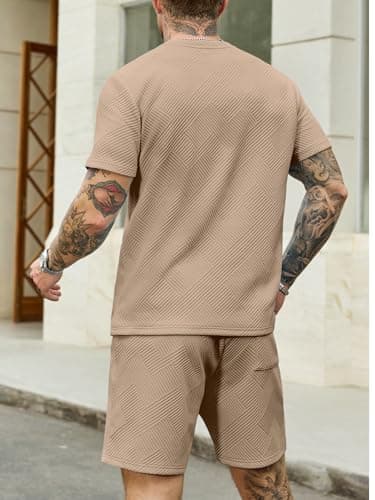 JEMLDL Mens Summer Sets 2 Piece Outfit Jacquard Texture T-Shirt Shorts Casual Short Sleeve Lounge Wear Sweatsuit Dark Khaki S - Thumbnail 2