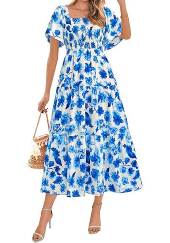 BTFBM Women's Clothing Wedding Guest Dresses Casual Boho Floral Short Sleeve Smocked Maxi Beach Spring Summer Dress 2026(Floral White Blue, Large) - Image 1
