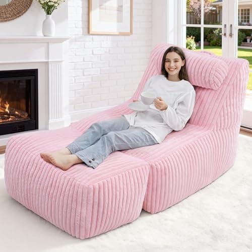 HABUTWAY Giant Bean Bag Chairs for Adults,Big Bean Bag Lounger with Removable Cover,Large BeanBag Chair with Ottoman&Storage Pocket,Foam Filled Bean Bag Sofa for Living Room,Bedroom-Plush Light Pink - Image 1