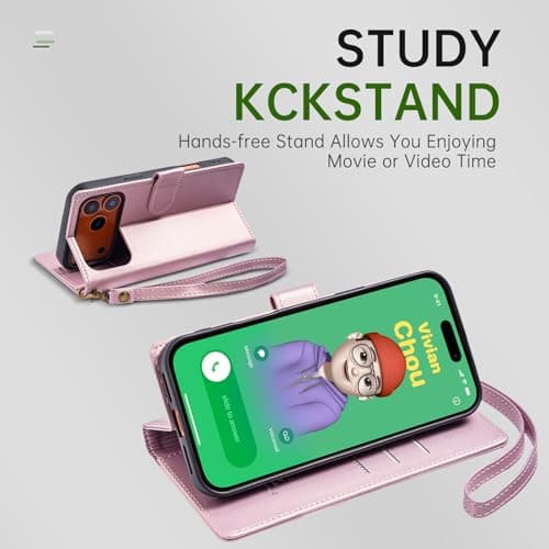 FLIPALM Wallet Case for iPhone 17 Series with Wrist Strap - PU Leather Folio Flip with Credit Card Holder & Kickstand, Protective Cover (Pink, for iPhone 17 Pro Max) - Thumbnail 3