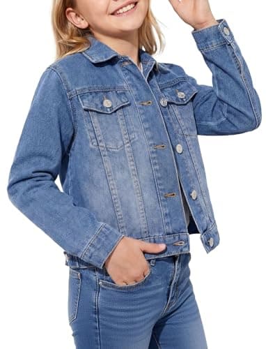 PATPAT Girl's Basic Denim Jacket with Flap Pocket Button Light Blue，7-8Y - Image 1