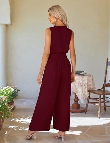 LOOKBOHO Summer Jumpsuits Women Casual Sleeveless V Neck Stretchy Lightweight Romper Wide Leg Pant Outfit 2026(WR,M) - Thumbnail 3