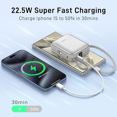 VINKO Small Portable Charger, 22.5W Fast Charging Mini Power Bank 10000mAh with Built-in Cables, Travel Essential USB-C Battery Pack Compatible with iPhone 17/16/15, Samsung S25/24, Android (White) - Thumbnail 4