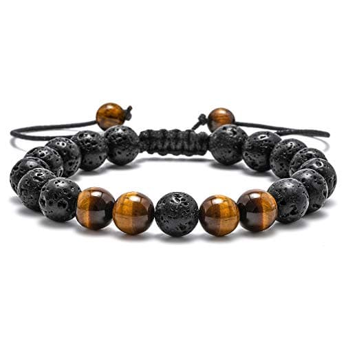 M MOOHAM Beaded Bracelets for Men - Gem Semi Precious Gemstone Round Bead Black Lava Rock Tiger Eye Adjustable Bracelet Men Gifts - Image 1