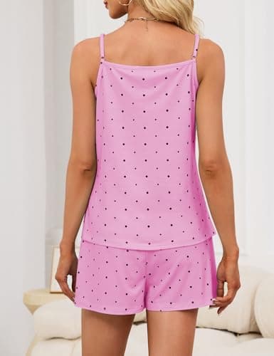 JUSTFASHIONNOW Womens Pajama Sets Shorts Cute Tank Top Shorts Set Ruffle Polka Dots Pj 2 Piece Summer V Neck Pajama Soft Lingerie Sleepwear(Pink,Small) - Thumbnail 6
