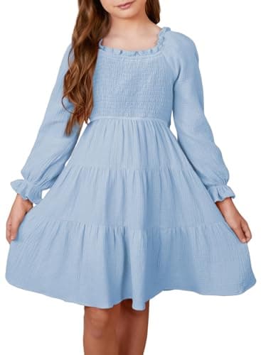 blibean Girls Long Sleeve Ruffle Dresses Fall Cotton Boho Layered Square Neck Dress Semi Formal Solid Fancy Party Clothes Tween Kids Dance Vestidos Niñas Size 14-15 Year Old Sky Blue - Image 1
