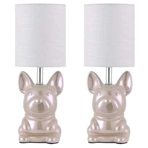 EOEYYOYB Set of 2 Ceramic Table Lamp, Puppy Shape Desk Lamp Cute Bedside Lamp for Nightstand, Living Room, Bedroom, Gifts for Kids Girls, 4W LED Bulb Included, Pink - Image 1