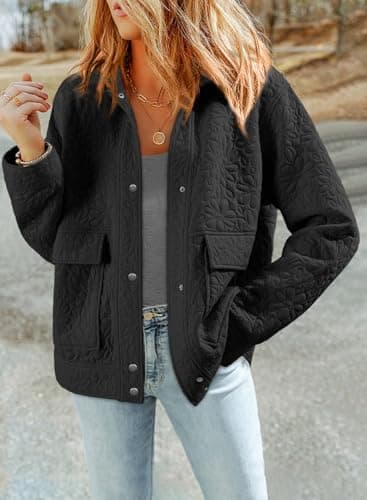 Dokotoo Fall Jackets Winter Clothing for Women 2025 Fashion Long Sleeve Button Up Lightweight Casual Jackets Turn Down Collared Oversized Jacquard Coats Solid Cozy Shackets Jacket with Pockets M Black - Thumbnail 3