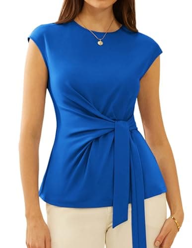 GRACE KARIN Women Summer Blouse 2025 Tie Front Cap Sleeve Top Elegant Dressy Work Business Shirt Dark Blue XL - Image 1