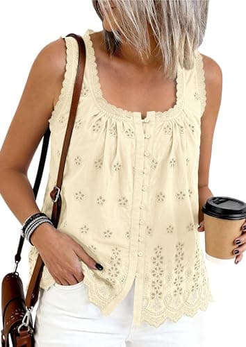 PRETTYGARDEN Womens Tank Tops 2026 Summer Button Down Shirts Embroidered Eyelet Dressy Casual Blouses Beach Vacation Clothes (Beige,X-Large) - Image 1
