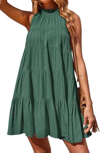 Okiwam Womens Summer Halter Dresses Sleeveless A Line Tiered Swing Mini 2025 Fall Casual Boho Beach Vacation Sundress-M Green - Image 1