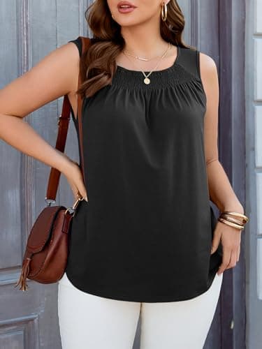 Beautife Women Plus Size Sleeveless Tank Tops Loose Fit Smocked Crew Neck Summer Casual Curved Hem Tunic Tees Black - Thumbnail 4