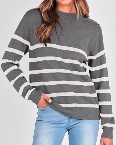 KIRUNDO Fall Sweaters for Women 2026 Striped Turtleneck Ribbed Knit Sweater Trendy Pullover Jumper Winter Fashion Clothing(Large, Gray) - Thumbnail 2