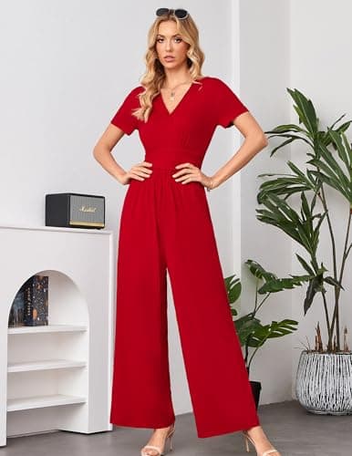 LOOKBOHO Women Jumpsuits 2026 Short Sleeve V Neck Rompers Waist High Waist Wide Leg Pants Dressy Casual One Piece Outfit Red XL - Thumbnail 2