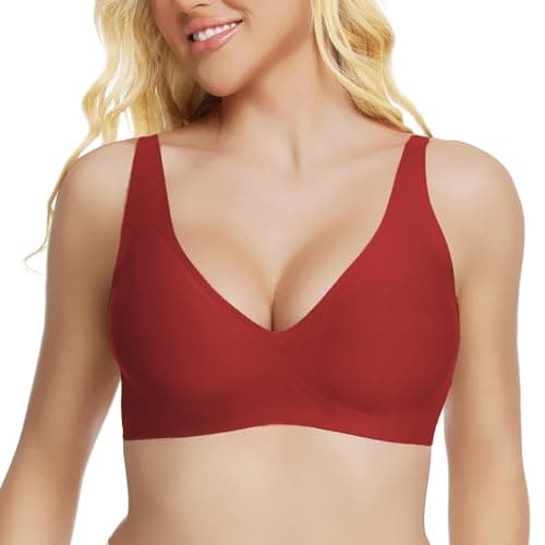 Jelly Wireless Bra for Women Deep V Push Up Seamless T-Shirt Bras Comfortable Plunge No Underwire Bra with Adjustable Straps Everyday Bras Red - Image 1