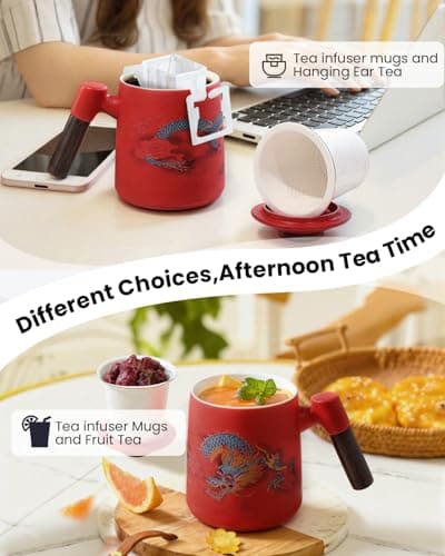 Foinly Ceramic Tea Cup with Infuser and Lid, 13.5 oz Tea Mug for Loose Leaf Tea,Wood Handle,Chinese Dragon Design,All Porcelain Strainer,BPA-Free, Perfect for Tea Lovers/Birthday/Easter (Red） - Thumbnail 6