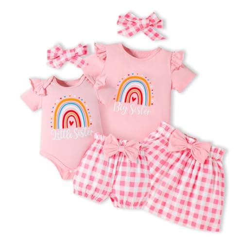 FAMIHAO Big Sister Little Sister Matching Outfits Baby Girl Romper T-shirt Tops with Shorts+Headband Clothes Set 3Pcs,0-3M - Image 1