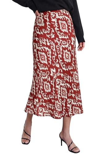 BTFBM Satin Skirts for Women 2025 Fall High Waisted A-Line Leopard Print Cocktail Wedding Long Silk Summer Midi Skirt(Floral Brown Red, Small) - Image 1