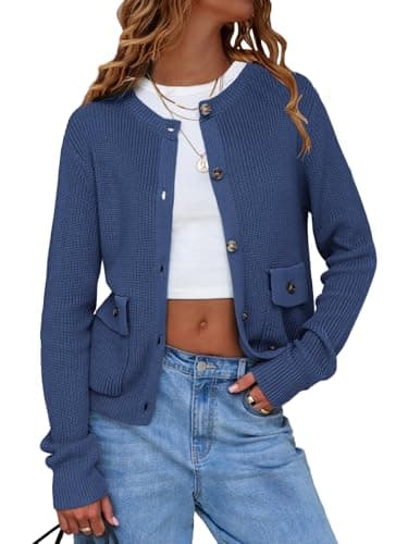 EXLURA Womens 2025 Knit Cardigan Sweaters Spring Fall Crewneck Open Front Button Jacket Fashion Outerwear Coats with Pockets Navy - Image 1