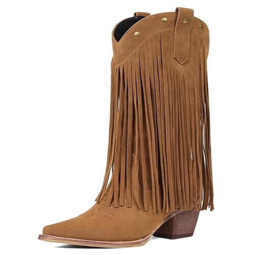 ElegaStep Women's Fringe Cowboy Boots Mid-Calf Ridding Cowgirl Boots Pull On Western Boots Brown 40 - Image 1