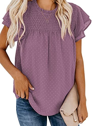 Dokotoo Women's Ladies Sexy Lace Crewneck Ruffle Short Sleeve Smocked Shirts for Women Casual Loose Cute Swiss Dot Pom Pom Chiffon Blouses Tops M Purple - Image 1