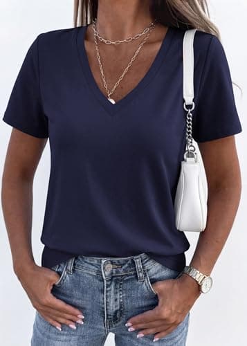 KIRUNDO V Neck T Shirts for Women Summer Tops Oversized Spring Short Sleeve Casual Basic Tees Tunic Blouse Fashion Clothing(Navy Blue, X-Large) - Thumbnail 4