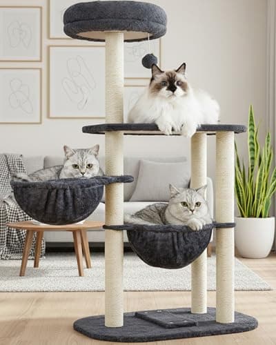 Small Cat Tree Tower with Lots of Scratching Posts - 42 Inch Medium Compact Cats Scratch House with Hammock Perch for Multi Level 2 Kitty - Indoor Corner Cat Bed Condo Climbing Gym Towers Furniture - Image 1