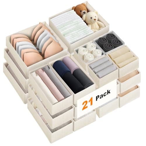 Premium Natural Linen Drawer Organizer Clothes, 21 Pack Dresser Organizer for Baby Clothes, Underwear, Socks, 3 Sizes Foldable Closet Organization and Storage Bins for Nursery, Bedroom (Beige) - Image 1