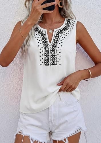 PRETTYGARDEN Womens Tank Tops 2026 Summer Causal V Neck Sleeveless Shirts Floral Print Embroidered Beach Vacation Boho Top(White,X-Large) - Thumbnail 4
