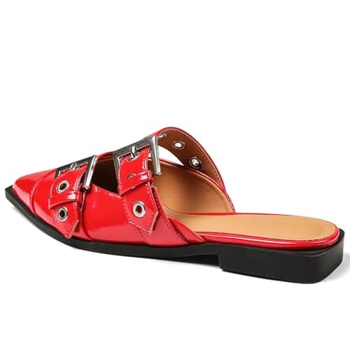 Grakihily Buckle Flats for Women Pointy Toe Wide Welt Buckled Mules Low Block Heel Slippers Mary Jane Shoes Comfortable Ballerina Flats - Thumbnail 4