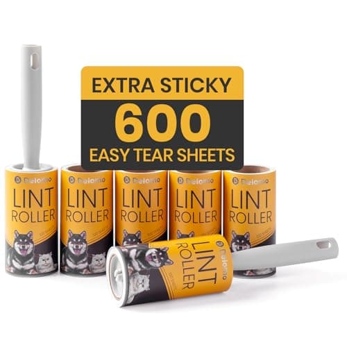 DELOMO Extra Sticky Lint Roller for Pet Hair, 600 Sheets Mega Pack (2 Rollers+ 4 Refills), Pet Hair Remover for Clothes, Couch, Furniture, Bedding, Car Seats - Easy Peel Design for Dog Cat Owners - Image 1