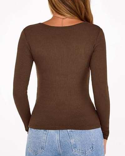 KIRUNDO Womens Long Sleeve Tops Casual Ribbed Knit Henley Button Down Shirts Slim Fit Workout Basic Tees Fashion Clothing(Dark Brown, Medium) - Thumbnail 2