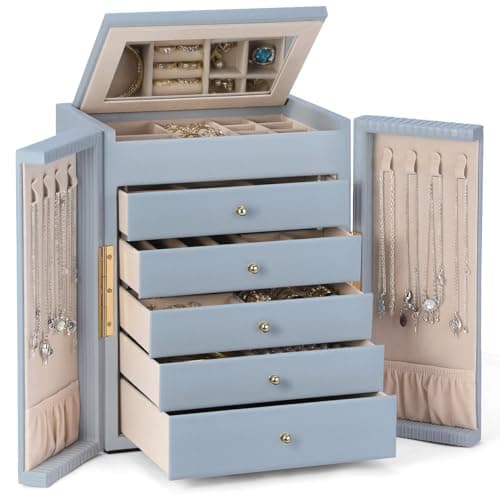 Dajasan Large Jewelry Organizer Box with Mirror, Jewelry Storage Organizer with 5 Drawers, 6-Tier Jewelry Gift Box for Women, Girls, Friends, Wife or Mother, Gift Idea (Smoky Blue) - Image 1