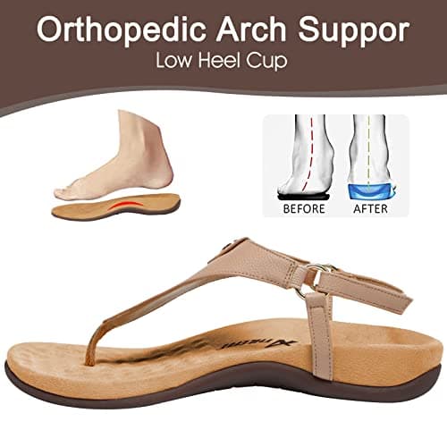 Athlefit Women's Comfortable Orthopedic Sandals Thong Dressy T-Strap Orthotic Casual Summer Arch Support Khaki Sandals size 8 - Thumbnail 3