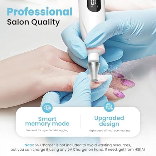 Nail Drill Electric File: HSKAI 10000RPM Professional Nail Drill with LCD Display, Cordless Thick Nail Grind Filer for Acrylic Gel Natural Nails Toenails, Manicure & Pedicure Multi-Tool for Salon Home - Thumbnail 6
