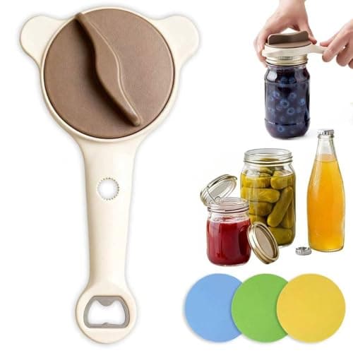 4 in 1 Multi-Purpose Jar Opener, Adjustable Stainless Steel Lid Remover for Seniors & Arthritis Sufferers, Jar Opener for Weak Hands with Bottle Cap Opener, Fits Kitchen Jars, Bottles & Cans (Beige)