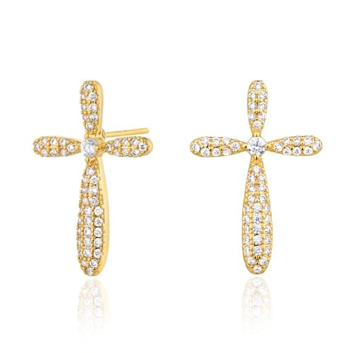 VALLOEY ROVER Cross Stud Earrings for Women 14K Gold Plated Cubic Zirconia Cross Earrings Stud 925 Sterling Silver Post Everyday Jewelry Gift for Women - Image 1