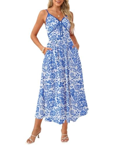 GRACE KARIN Womens Summer Floral Maxi Dresses 2026 Spaghetti Strap Wedding Guest Resort Wear Boho Beach Vacation Sundresses Blue White Floral S - Image 1