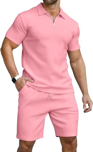 KUYIGO Men's Polo Shirt and Shorts Set Summer Outfits Casual Short Sleeve Suit for Men 2 Piece Tracksuit Sets Pink 3XL - Image 1