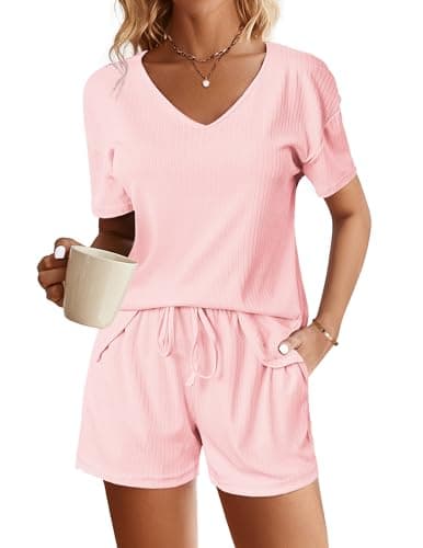 Ekouaer Womens Ribbed Knit Lounge Set Short Sleeve Top and Shorts Sleepwear Pajama Set Two Piece Shorts Outfits Set - Image 1