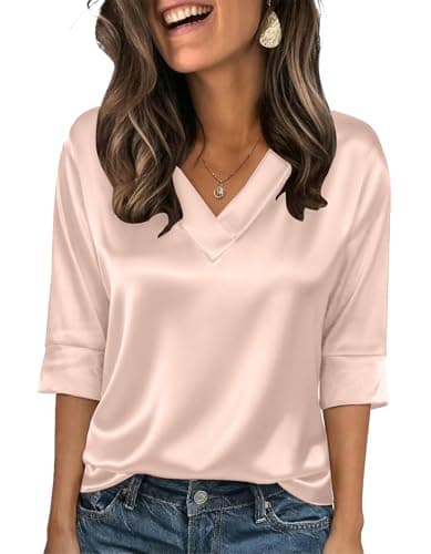 Bakoliza Tops for Women Trendy 3/4 Length Sleeve Blouses Business Casual Outfits Dressy Casual Blouse Satin Summer Clothes Champagne - Image 1