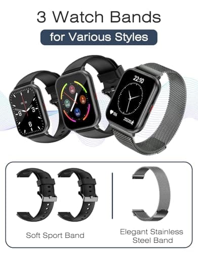 Smart Watches for Women Men (Answer/Make Calls, 3 Bands), 1.85" Fitness Tracker Watch for iPhone/Android Phones with Heart Rate Monitor Sleep/Steps Tracker 100+ Sports Pedometer Waterproof (Black) - Thumbnail 2