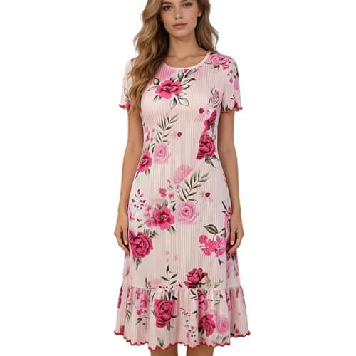 Eternatastic Women's Floral Print Short Sleeve Nightgown Crew Neck House Dresses Loungewear Ribbed Sleep Dress Nightshirt M Pink