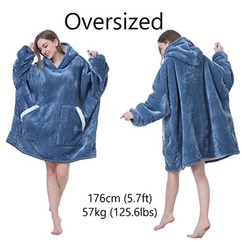 Kipswiza Oversized Wearable Blanket Hoodie, Cozy Sherpa Hooded Blankets Sweatshirt for Women Men Mom Daughter with Big Pockets as Gifts - Denim Blue - Thumbnail 3