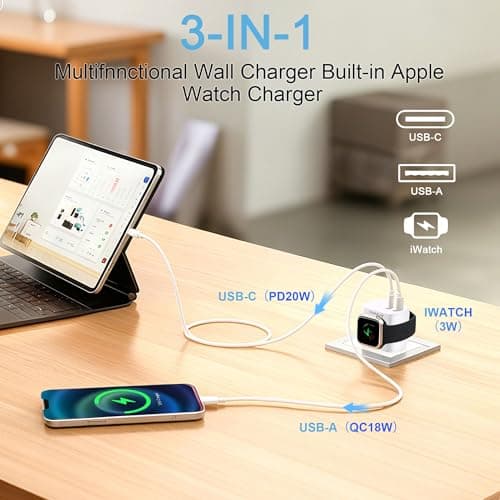 3-in-1 Adapter for Apple Watch, 20W USB C Fast Charging Block with Dual Ports & Magnetic Wireless Adapter, Portable Travel Wall Plug for iWatch Ultra/SE/10/9/8/7/6, iPhone 16/15/14/13, AirPods - Thumbnail 4