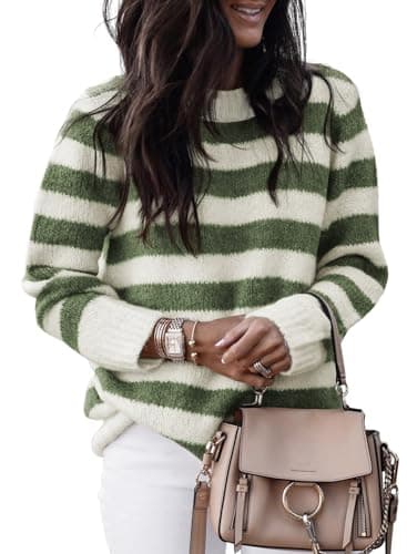 Dokotoo Womens Plus Size Sweaters Wool Crew Neck Striped Color Block Comfy Ribbed Knit Top Cute Christmas Casual Loose Chunky Long Pullover Sweater Oversized Jumper Tops Green XX-Large - Image 1