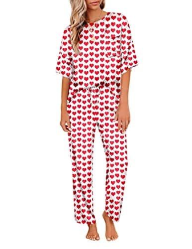 Ekouaer Happy Valentines Day Outfit Womens Pajama Sets Silk Pj Set Short Sleeve Satin Silky Pajama Set Ladies Pajamas Pyjamas Pants Set Soft Loungewear Set Valentines Day Gifts Red Heart S - Image 1