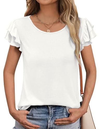 NORACORA Women's Summer Tops Ruffle Short Sleeve T Shirts Crewneck Loose Fit Blouses Dressy Casual Spring 2025 Fashion Outfits White - Thumbnail 5